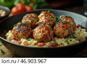A mouthwatering dish of crispy, browned meatballs served on a creamy risotto. The dish is garnished with fresh herbs and small tomato pieces for added richness and contrast in flavor. The dark plate highlights the vibrant colors of the ingredients, while the wooden table in the washed-out background creates a warm, homely atmosphere. The lighting is soft and warm, highlighting the texture of the meat and the creaminess of the garnish. Стоковое AI-изображение, AI-художник Анна Кривицкая / Фотобанк Лори