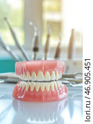 Dental model showing healthy teeth and gums in dentist office. Стоковое AI-изображение, AI-художник Юрий Поздников / Фотобанк Лори
