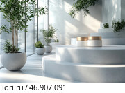 Minimalist, elegant stage with cosmetic jars on white stepped platforms. The jars have a white matte body and golden lids, which emphasizes their premium and luxury style. Large pots with green plants are located around, creating a natural and relaxing atmosphere. The space is filled with soft daylight coming through the glass walls, which makes the interior airy and harmonious. The overall style combines minimalism, naturalness and aesthetic purity. Стоковое AI-изображение, AI-художник Анна Кривицкая / Фотобанк Лори
