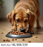 A playful dog kneels down, happily munching on dry food from a sleek dish placed on the polished wooden floor. Sunlight filters through the window, illuminating the scene with warmth AI. Стоковое AI-изображение, AI-художник Юлия Петровская / Фотобанк Лори