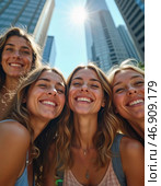 Four friends gather together, their laughter echoing against the shiny skyscrapers. With bright smiles and sunlight bathing them, they celebrate life in the heart of a bustling city at noon AI. Стоковое AI-изображение, AI-художник Юлия Петровская / Фотобанк Лори