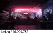 Neon-lit diner captures late-night atmosphere with diners enjoying steaming meals in bustling city space. Стоковое AI-изображение, AI-художник Сергей Толмачёв / Фотобанк Лори