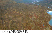 Aerial view of autumn colorful forest, lakes and swamps under the cloudy sky. Стоковое фото, фотограф David Kashakhi / Фотобанк Лори