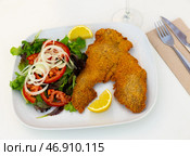 Chicken fillet fried in breadcrumbs and salad of tomatoes, lollo rosso leaves, arugula, onion. Стоковое фото, фотограф Яков Филимонов / Фотобанк Лори