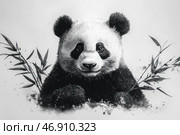 A black and white graphic illustration of a panda, done in a detailed artistic style. The panda is depicted frontally, with a kind and slightly curious expression on its face. Its fur is carefully drawn with fine lines and shading, which gives texture and depth to the image. Bamboo branches grow around the panda, adding an oriental flavor and emphasizing the animal's natural habitat. The composition is harmonious, with a balance between realism and artistic expression. Стоковое AI-изображение, AI-художник Анна Кривицкая / Фотобанк Лори