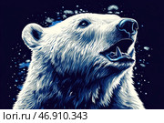 A polar bear drawn in a graphic style with a predominance of cold blue and white shades. Its muzzle is turned upwards, its mouth is slightly open, sharp fangs are visible. The background is dark, filled with shimmering luminous particles, creating the effect of a starry sky or an icy glow. The illustration is made in a dynamic and stylish artistic approach, reminiscent of digital painting or a graphic poster. Стоковое AI-изображение, AI-художник Анна Кривицкая / Фотобанк Лори