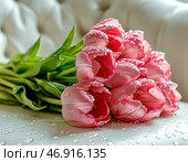 A bouquet of bright pink tulips in water droplets. March 7 is Tulip Day. Tulip is a symbol of love and happiness. Стоковое AI-изображение, AI-художник Сергей Елизарьев / Фотобанк Лори