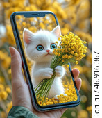 A funny fluffy kitten gives a bouquet of yellow mimosas, holding them out from the screen of a smartphone. Mimosa Day is an annual holiday celebrated on March 14 in different countries around the world. Стоковое AI-изображение, AI-художник Сергей Елизарьев / Фотобанк Лори