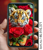 A funny striped tiger cub gives a bouquet of bright roses, holding them out from a smartphone screen on a birthday. Стоковое AI-изображение, AI-художник Сергей Елизарьев / Фотобанк Лори