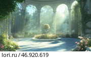 Lush greenery fills a sunlit conservatory with tropical plants and serene water features during a tranquil morning. Стоковое AI-изображение, AI-художник Михаил Коханчиков / Фотобанк Лори