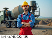 Construction Worker with Cement Mixer. Стоковое AI-изображение, AI-художник Елена Болотина / Фотобанк Лори
