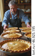 Man is standing in front of a table with several pies on it. Стоковое AI-видео, аниматор Sergey Grishin / Фотобанк Лори