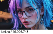 Portrait of a young woman with bright blue hair and unique accessories in an artistic setting during evening hours. Стоковое AI-видео, аниматор Оксана Медведева / Фотобанк Лори