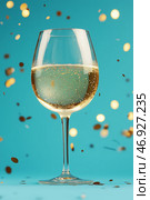 Elegant wine glass filled with bubbling liquid surrounded by shimmering gold confetti. Стоковое AI-изображение, AI-художник Katsiaryna Repich / Фотобанк Лори