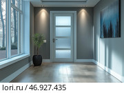 Modern hallway with large windows and stylish decor. Естественный свет наполняет современную прихожую с изящной дверью и горшечным растением. Минималистский декор дополняет элегантный деревянный пол и художественное полотно на стене. Стоковое AI-изображение, AI-художник Katsiaryna Repich / Фотобанк Лори
