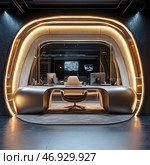 A modern futuristic office with an elegant and minimalist design. In the center of the composition there is a stylish table with smooth curves, made of metal or polished plastic. Behind the table there is an ergonomic chair, and in front of it there are two workstations with computers and accessories.The interior is decorated in dark colors, and the main emphasis is on soft golden lighting running along the curved arches, creating a feeling of a technological, but cozy space. In the depths of the office you can see screens with digital data and maps, which adds to the feeling of a high-tech work environment.This office resembles the headquarters of a technology corporation or a command center from a sci-fi movie. Стоковое AI-изображение, AI-художник Анна Кривицкая / Фотобанк Лори