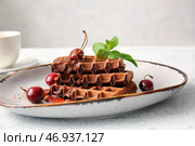 Тарелка вкусных шоколадных бельгийских вафель с вишней на столе. Стоковое фото, фотограф Pixel_shot / Фотобанк Лори