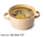 Чаша с вкусным чесночным супом на белом фоне. Стоковое фото, фотограф Pixel_shot / Фотобанк Лори