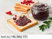 Вкусные тосты с брусничным джемом на белом фоне. Стоковое фото, фотограф Pixel_shot / Фотобанк Лори