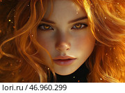 A mesmerizing portrait of a girl with fiery red hair that shimmers in the sunlight. Her eyes are a bright amber color, filled with depth and mystery. Her face is decorated with light freckles, emphasizing her natural beauty. Her hair flutters, with golden sparks floating around it, creating the effect of a magical glow. The background is darkened, which enhances the contrast between the glowing strands and deep shadows. The painting is made in the style of hyperrealism with elements of fantasy, creating the impression of lively energy and a mystical aura. Стоковое AI-изображение, AI-художник Анна Кривицкая / Фотобанк Лори