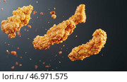 Grilled chicken legs, drumsticks falling in the air, isolated on black background, food concept. Crispy fried chicken nuggets levitation. Roast chicken strips, pieces flying in the air. Dynamic scene. Стоковое AI-видео, аниматор Марина Демидюк / Фотобанк Лори