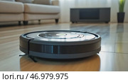 Robot Vacuum Cleaner cleaning the room. Robotic vacuum cleaner working. Cutting edge Smart Cleaner. Efficiently clean up of hardwood floors. New technologies, automatic assistant. Future technology. Стоковое AI-видео, аниматор Марина Демидюк / Фотобанк Лори