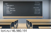 Modern classrooms interior with desks and green blackboard. Empty Classroom setup with school furniture and a chalkboard. No people. Nobody. Blurry view of class room with chairs and tables in campus. Стоковое AI-видео, аниматор Марина Демидюк / Фотобанк Лори