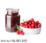 Баночка с вкусным брусничным вареньем и свежими ягодами на белом фоне. Стоковое фото, фотограф Pixel_shot / Фотобанк Лори