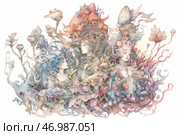 An exquisite fantasy illustration, executed in the style of watercolor graphics with elements of Art Nouveau. In the center of the composition are three female figures, harmoniously woven into the organic world surrounding them. Their hair and bodies seem to merge with flowers, mushrooms, leaves and branches, creating a sense of unity with nature. The color scheme is soft, pastel, with a predominance of delicate pink, blue and beige shades. Some details resemble elements of fauna - butterflies, feathers and even chitinous structures, which gives the image a mystical and fabulous character. Стоковое AI-изображение, AI-художник Анна Кривицкая / Фотобанк Лори