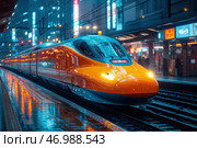 A modern high-speed train of bright orange color standing on a wet platform of the station at night. Neon signs and reflections of lights on the wet surface glow around, creating the atmosphere of a futuristic metropolis. The train has an aerodynamic shape with smooth streamlined lines, typical of high-speed rail technology. The background is blurred, but you can see the city buildings and people, which adds dynamics to the scene. Стоковое AI-изображение, AI-художник Анна Кривицкая / Фотобанк Лори