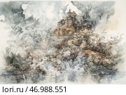 A mystical scene, executed in the style of a watercolor or graphic illustration. In the center of the composition, on a rocky cliff, rises a majestic, Gothic building with towers and columns, reminiscent of a castle or temple. Around it, the chaotic elements rage - waves and clouds, mixed with swirls of smoke or fog, creating a sense of movement and powerful energy. Below, raging waters are visible, which seem to threaten to swallow the rocks and the building. In the lower right corner, you can see a destroyed bridge or a coffin with a cross, which gives the scene a dark symbolism. The color scheme is done in muted gray, bluish and brown tones, which enhances the feeling of mystery and anxiety. Стоковое AI-изображение, AI-художник Анна Кривицкая / Фотобанк Лори