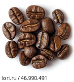 A group of roasted dark brown coffee beans with a characteristic oily surface. They are randomly scattered on a white background, which emphasizes their texture and deep color. Each bean has a characteristic cut that reveals its structure. The image conveys the feeling of the aroma of freshly brewed coffee and is associated with vigor and morning tradition. Стоковое AI-изображение, AI-художник Анна Кривицкая / Фотобанк Лори