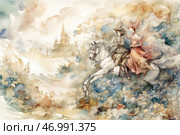 The watercolor painting depicts a fairytale scene: two elegant figures, a knight and a beautiful lady, ride a white horse through a magical landscape. The woman is dressed in a lush dress in shades of pink and orange, her veil and hair fluttering in the air, creating a sense of movement. The knight, in an elegant suit, holds the reins, his gaze directed forward. In the distance, in the hazy background, a fairytale castle can be seen, surrounded by fog and clouds. The painting is done in airy, delicate shades, creating an effect of dreaminess, romance and magic. Стоковое AI-изображение, AI-художник Анна Кривицкая / Фотобанк Лори