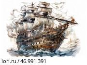 A majestic sailing ship cutting through the sea waves. The ship is decorated in the Baroque style with luxurious carved elements, gilding and rich decor. White sails are filled with wind, and the masts are decorated with coats of arms and flags. The ship creates an impression of power and grace, as if ready to set off on a distant adventure. In the background, the outlines of a city or port can be guessed, hidden behind the haze. Waves splash against the side of the ship, adding dynamics to the scene. The atmosphere of the illustration is filled with the spirit of romance of sea voyages, pirate legends and great discoveries. Стоковое AI-изображение, AI-художник Анна Кривицкая / Фотобанк Лори