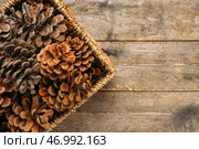Корзина из ивового прута с шишками на деревянном фоне. Стоковое фото, фотограф Pixel_shot / Фотобанк Лори