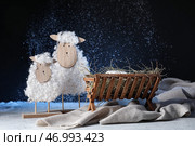 Игрушечное овечка и деревянный ясли с манекеном младенца на снегу на черном фоне. Концепция рождественской истории. Стоковое фото, фотограф Pixel_shot / Фотобанк Лори