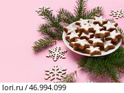 Тарелка со звездообразными имбирными пряниками с ветвями ели и снежинками на розовом фоне. Стоковое фото, фотограф Pixel_shot / Фотобанк Лори