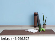 Журнал с мобильным телефоном, гантелями и бутылкой на фитнес-коврике в спортзале. Стоковое фото, фотограф Pixel_shot / Фотобанк Лори