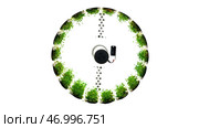 Abstract spinning circular object with green grass growing along its perimeter. Стоковая иллюстрация, иллюстратор David Kashakhi / Фотобанк Лори
