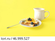 Тарелка вкусных тостов с персиковым джемом, черникой и молоко в графине на желтом фоне. Стоковое фото, фотограф Pixel_shot / Фотобанк Лори