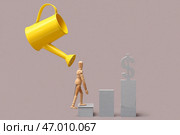 Креативная композиция с летающей лейкой и деревянной манекеном, поднимающимся по лестнице к знаку доллара на сером фоне. Стоковое фото, фотограф Pixel_shot / Фотобанк Лори