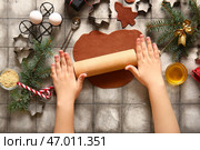 Женщина раскатывает тесто для пряников на сером кафельном фоне. Стоковое фото, фотограф Pixel_shot / Фотобанк Лори