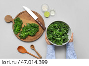 Женские руки с миской и деревянной доской свежих листьев капусты кейл на сером фоне. Стоковое фото, фотограф Pixel_shot / Фотобанк Лори