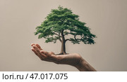 Hands holding a small tree symbolizing growth and environmental stewardship for a sustainable future. Стоковое AI-изображение, AI-художник Сергей Толмачёв / Фотобанк Лори