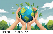 Global unity in environmental care with hands protecting the Earth surrounded by nature. Стоковое AI-изображение, AI-художник Сергей Толмачёв / Фотобанк Лори