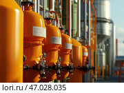 Orange gas tanks. Bundle of gas cylinder and high pressure gauges, meter, valve. Many argon cylinders with compressed oxygen for industry, welding. Fuel manufacturing. Liquefied gas production factory. Стоковое AI-изображение, AI-художник Марина Демидюк / Фотобанк Лори