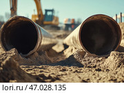 Construction work for replacement of engineering pipes. Workers installing an underground pipe on city street. Repair, laying water pipes or replacing sewer pipes Installation of plumbing, sanitation. Стоковое AI-изображение, AI-художник Марина Демидюк / Фотобанк Лори
