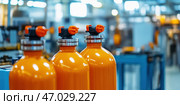 Orange gas tanks. Bundle of gas cylinder and high pressure gauges, meter, valve. Many argon cylinders with compressed oxygen for industry, welding. Fuel manufacturing. Liquefied gas production factory. Стоковое AI-изображение, AI-художник Марина Демидюк / Фотобанк Лори