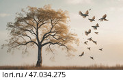 Majestic tree with golden leaves and flocks of birds in flight during twilight. Стоковое AI-изображение, AI-художник Сергей Толмачёв / Фотобанк Лори