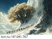 A majestic and mystical landscape. A long procession of figures in dark hooded cloaks moves along a snowy mountainside, their faces hidden, creating an atmosphere of mystery. At the top of the slope stands a massive tree with golden leaves, its powerful branches spread out against a light sky and floating clouds. The painting is executed in an epic and fantasy style, conveying a sense of a spiritual journey, a fateful journey, or a ritual procession. Light and shadow emphasize the drama of the scene, and the golden hues of the foliage contrast with the cold tones of the snow. Стоковое AI-изображение, AI-художник Анна Кривицкая / Фотобанк Лори